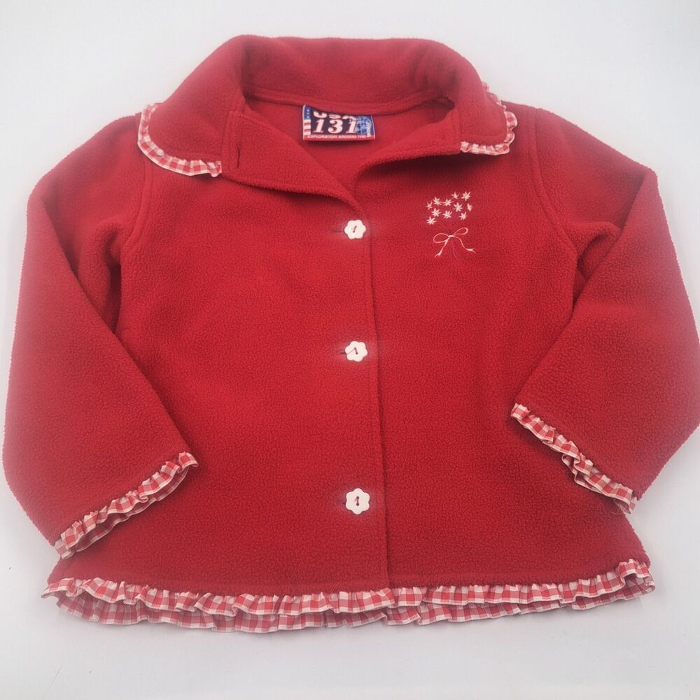 Vintage Fleece Jacket Girls Medium Size 5-6 Gingham Trim Embroidered Florals
